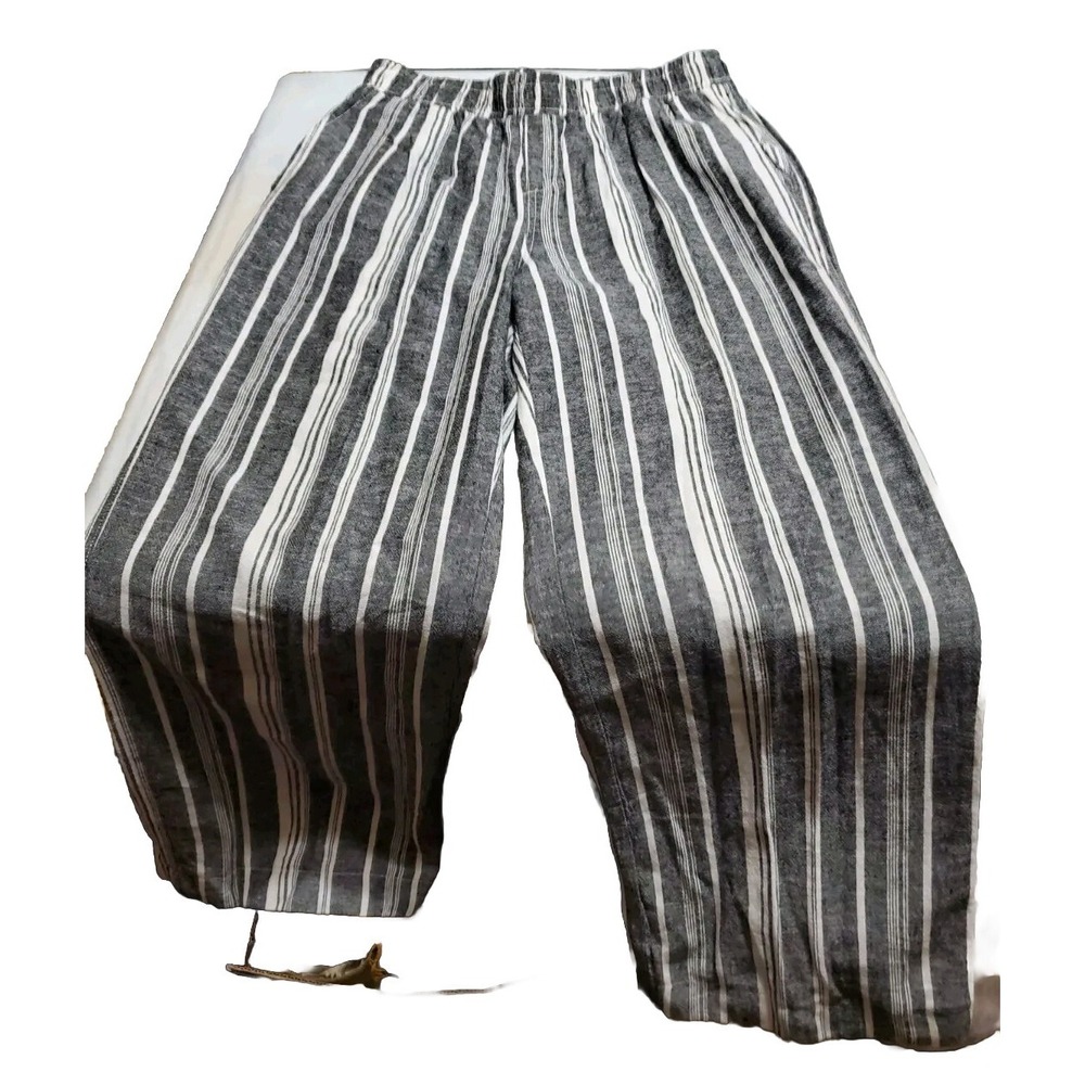 Briggs Ladies' Linen Blend Pants, Blue & White Striped, Pull On, Hi Rise Sz L